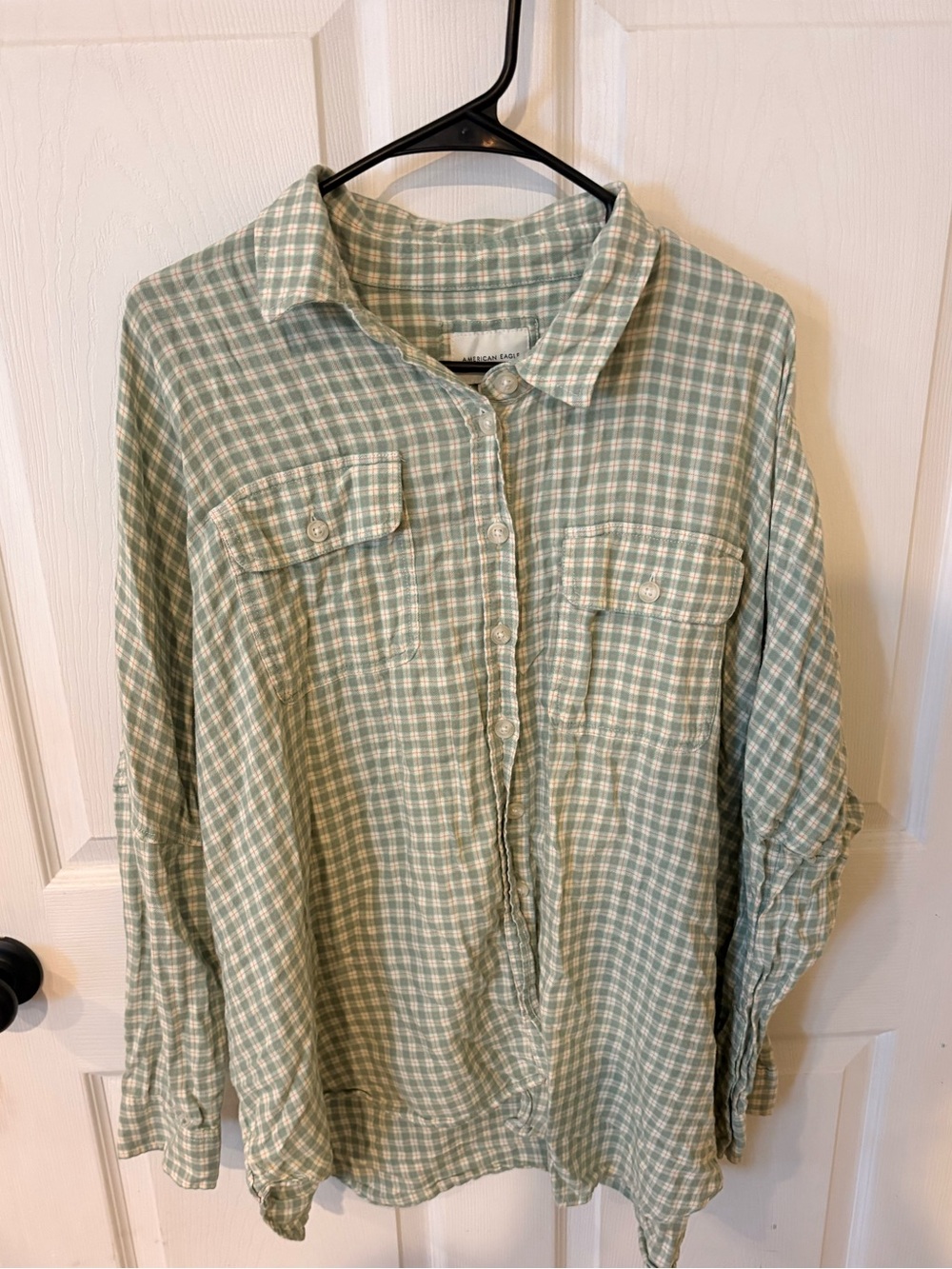 American Eagle Mint and White Plaid Button-Front Shirt